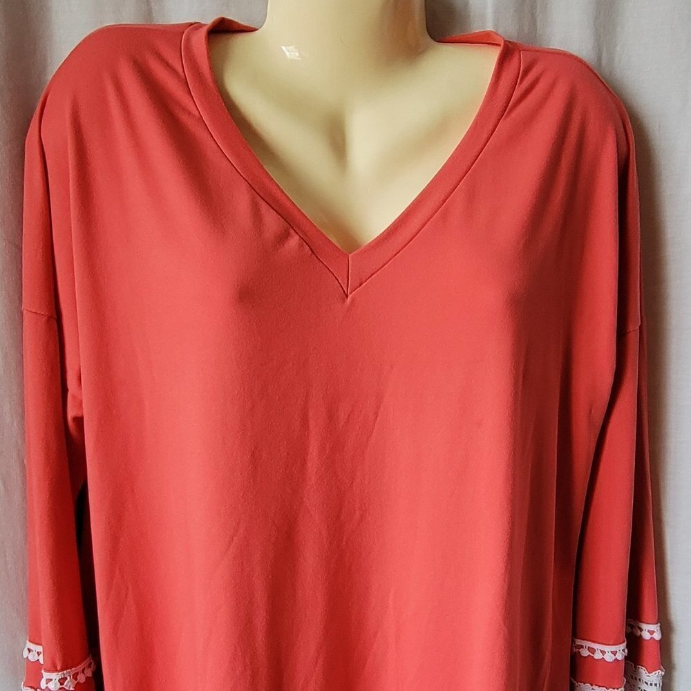 Lovely Melody top Coral NEW Boutique Small BOHO stretchy crochet arms flowy NWOT - Picture 5 of 12